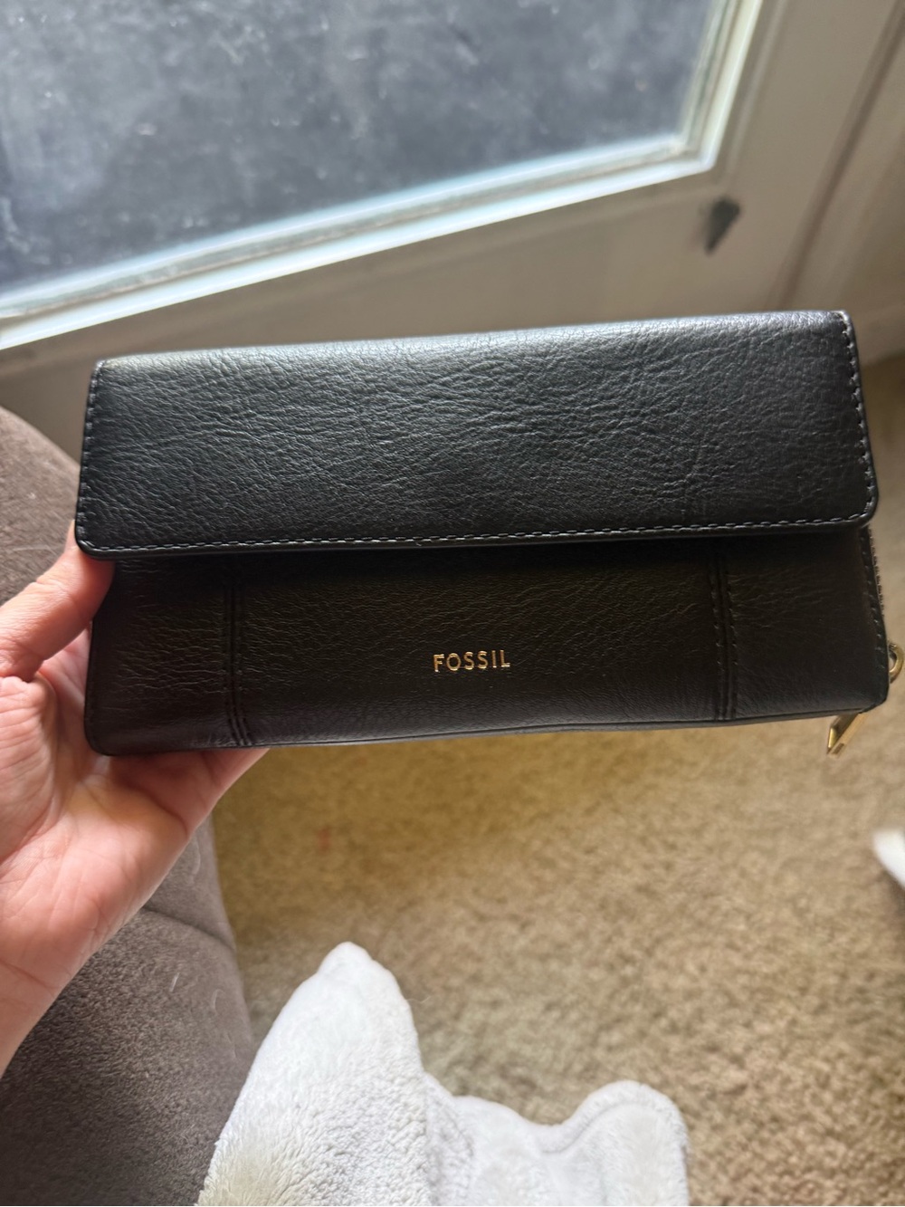 Fossil Black Leather Zip & Flap Wallet with Gold Logo